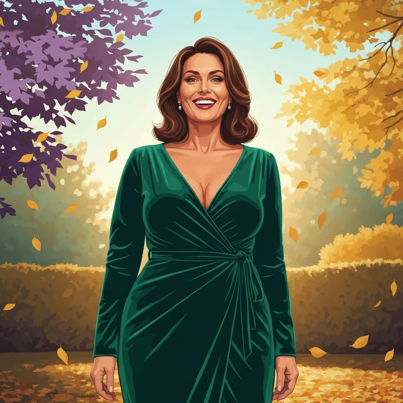 A woman wearing one of the best plus size wedding guest dresses for fall in emerald green velvet.