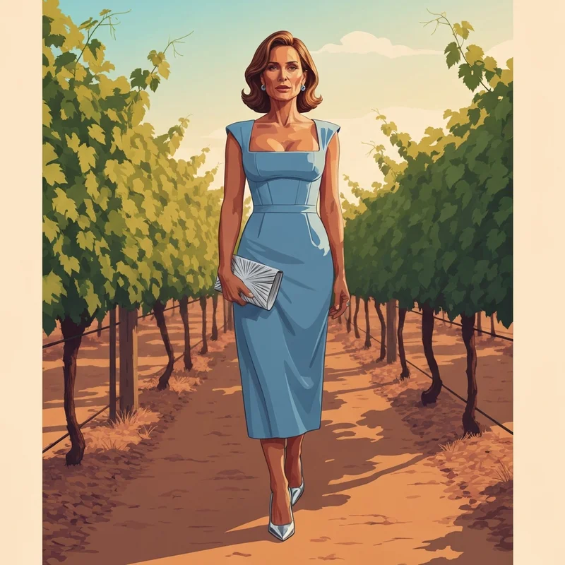 A woman wearing one of the best light blue dresses for wedding guest at a vineyard celebration.