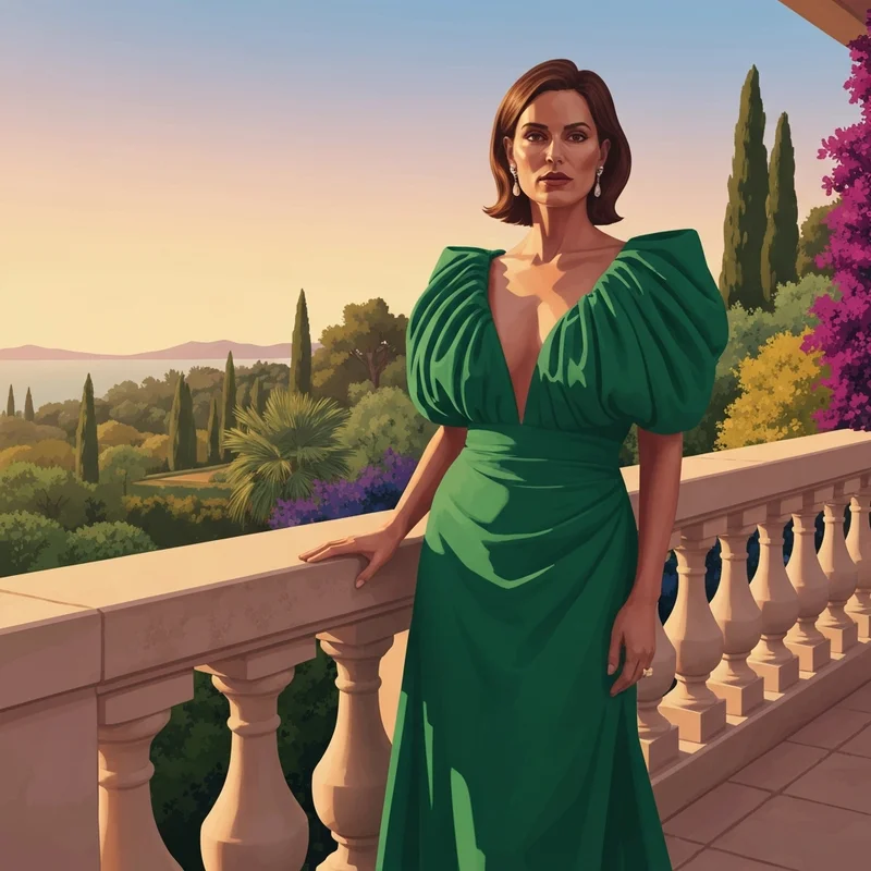 A woman wearing a sophisticated off the shoulder wedding guest dress at a luxury outdoor wedding venue.