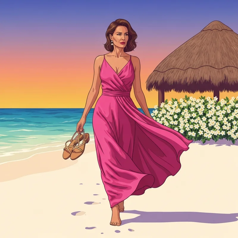 A woman wearing a vibrant pink mexico wedding guest dress on a tropical beach at sunset.