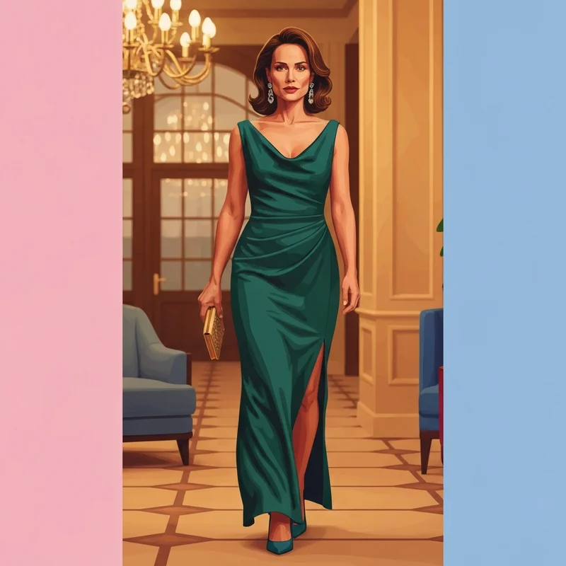 A woman wearing one of the most elegant black tie wedding guest dresses in a luxury ballroom setting.