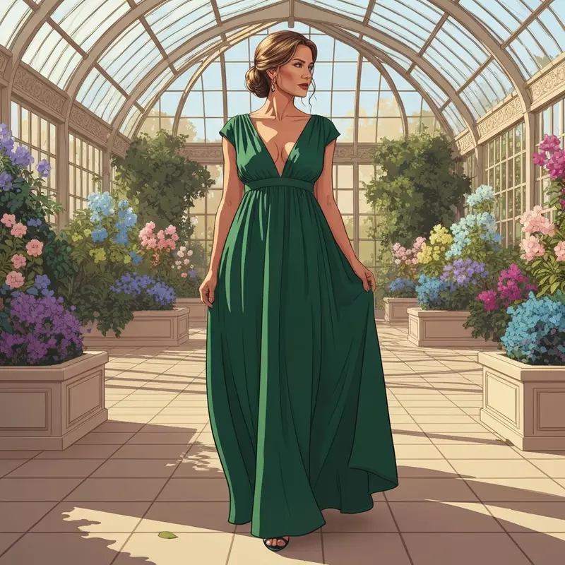 Sophisticated woman in a regal emerald empire waist dress wedding guest outfit at a garden event.