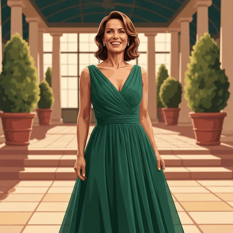 A woman wearing one of the most elegant wedding guest dresses for big tummy at a garden wedding.