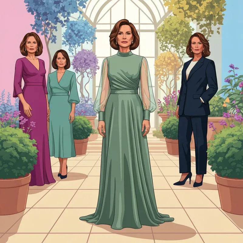 A woman wearing an elegant empire waist wedding guest dress in a botanical garden setting.