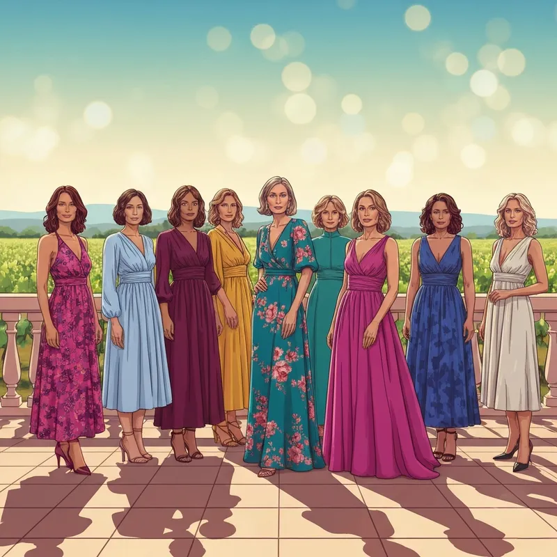 A group of elegant women modeling various dresses to wear at wedding as a guest in a vineyard setting.