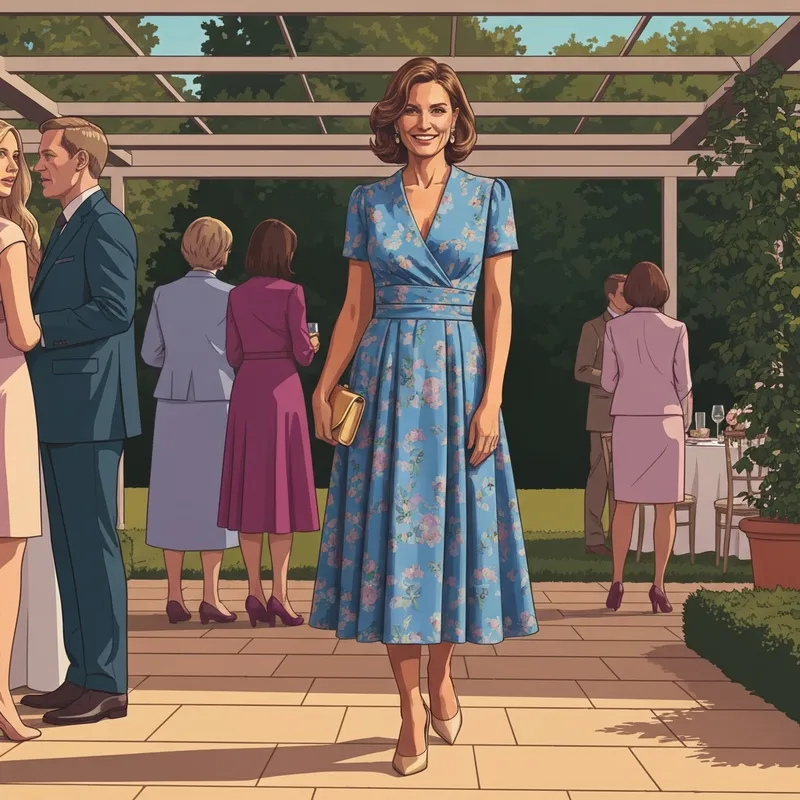 A woman wearing a stylish blue dress for wedding guest attendance at a garden ceremony.