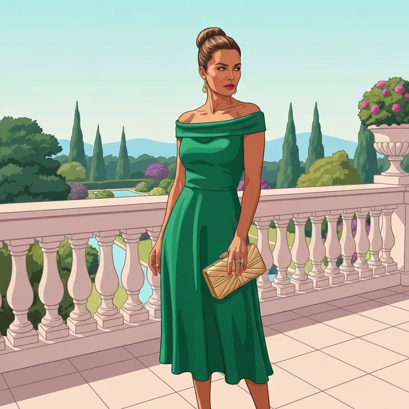 A stylish woman wearing a beautiful boohoo wedding guest dress at a summer event.