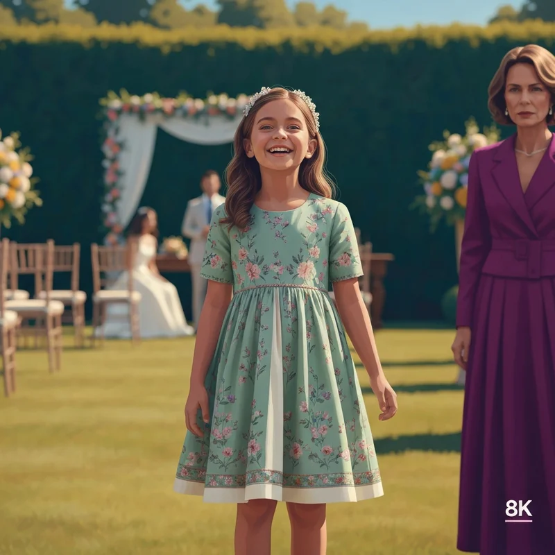 A young girl wearing one of the best girls wedding guest dresses for an outdoor garden wedding.