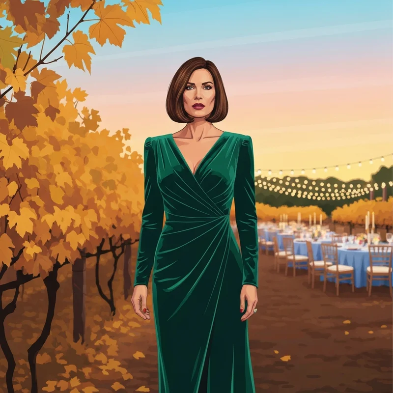 A stylish woman posing as a fall wedding dress guest in a velvet emerald green dress at an autumn vineyard.