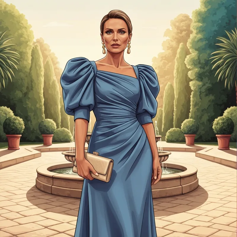 A woman wearing a sophisticated dusty blue wedding guest dress in a garden setting.