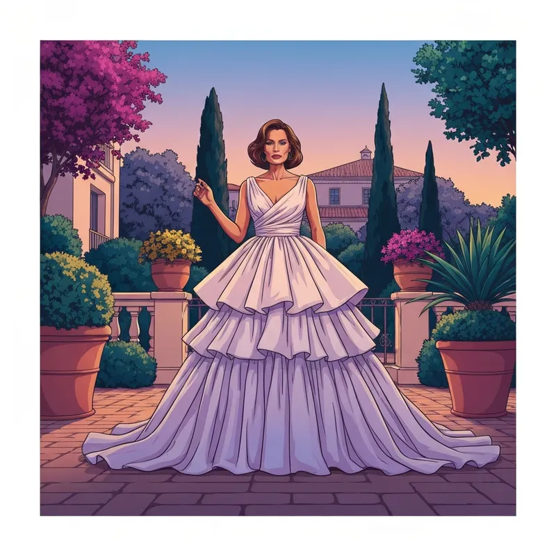 A woman wearing a sophisticated ruffle wedding guest dress in a garden setting.