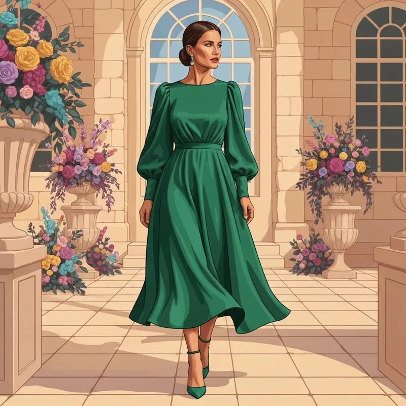 A woman wearing an emerald green silk midi wedding guest dress with sleeves standing in a sunlit garden courtyard.