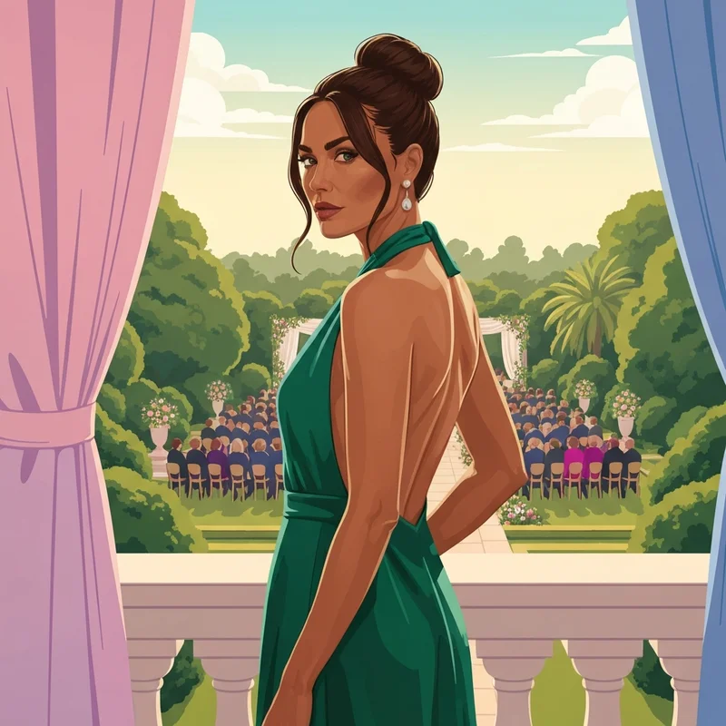 A woman wearing a stunning emerald green halter neck wedding guest dress at a summer wedding.