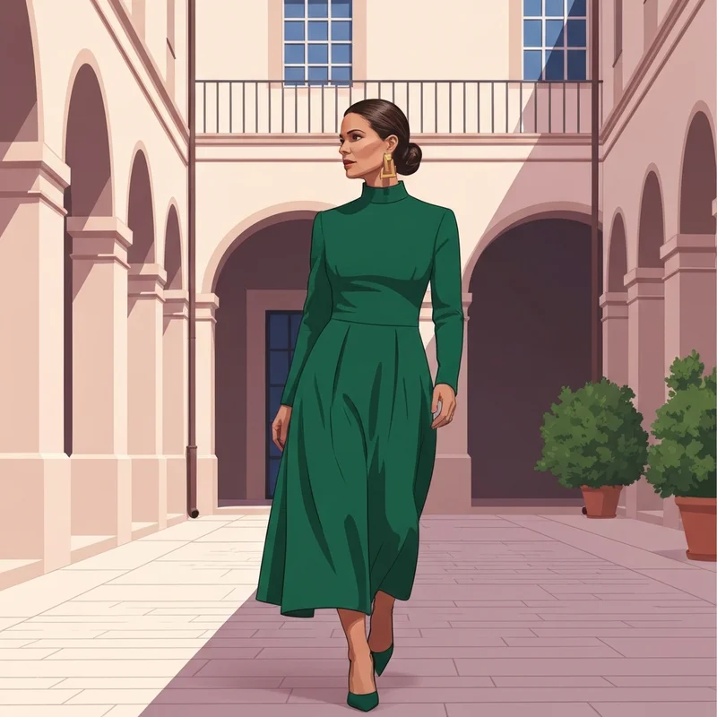 A stylish woman wearing one of the most elegant modest dresses for wedding guest occasions in a sun-lit courtyard.
