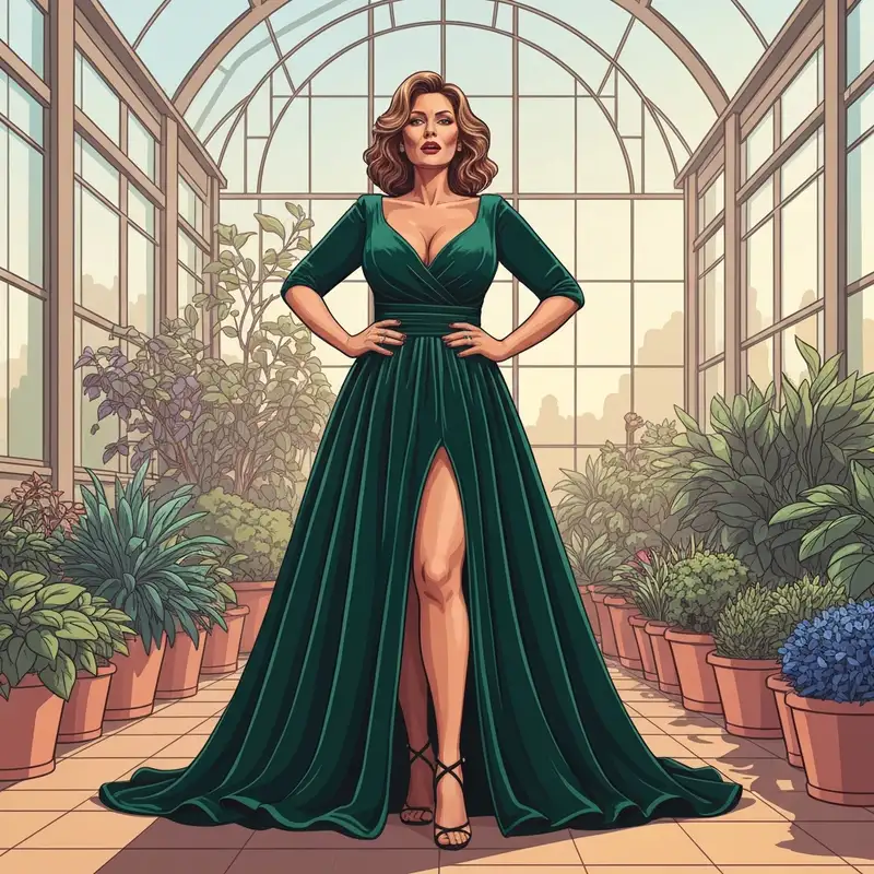 A woman wearing a stunning wedding guest dress for plus size curves in a botanical garden setting.