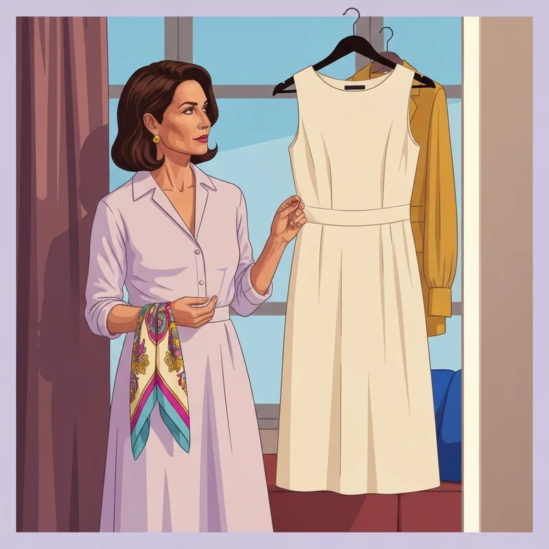 A woman deciding on a white dress for wedding guest attendance while considering etiquette and accessories.