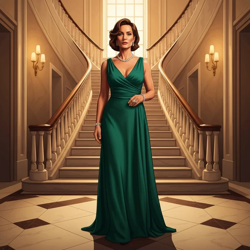 A woman wearing one of the most elegant black tie wedding guest dresses in a luxury marble foyer.