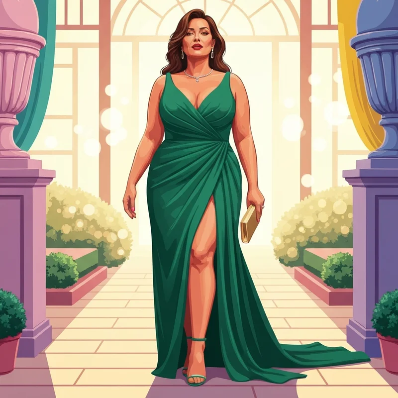 A confident woman wearing a stunning formal dress wedding guest plus size in emerald green at a garden event.