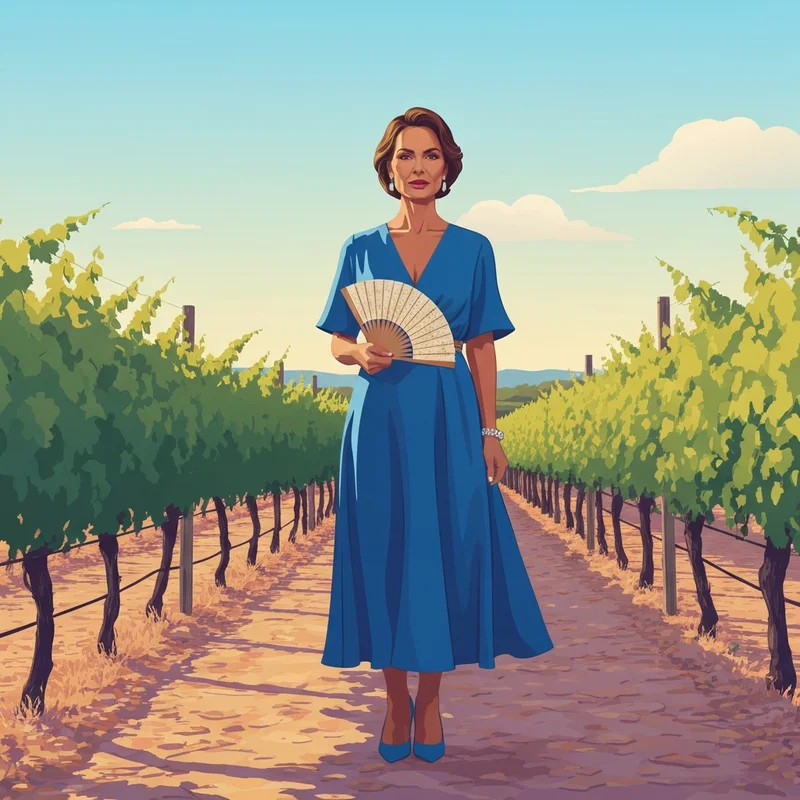 A stylish woman wearing a vibrant cobalt blue summer dress for guest at wedding events in a vineyard setting.