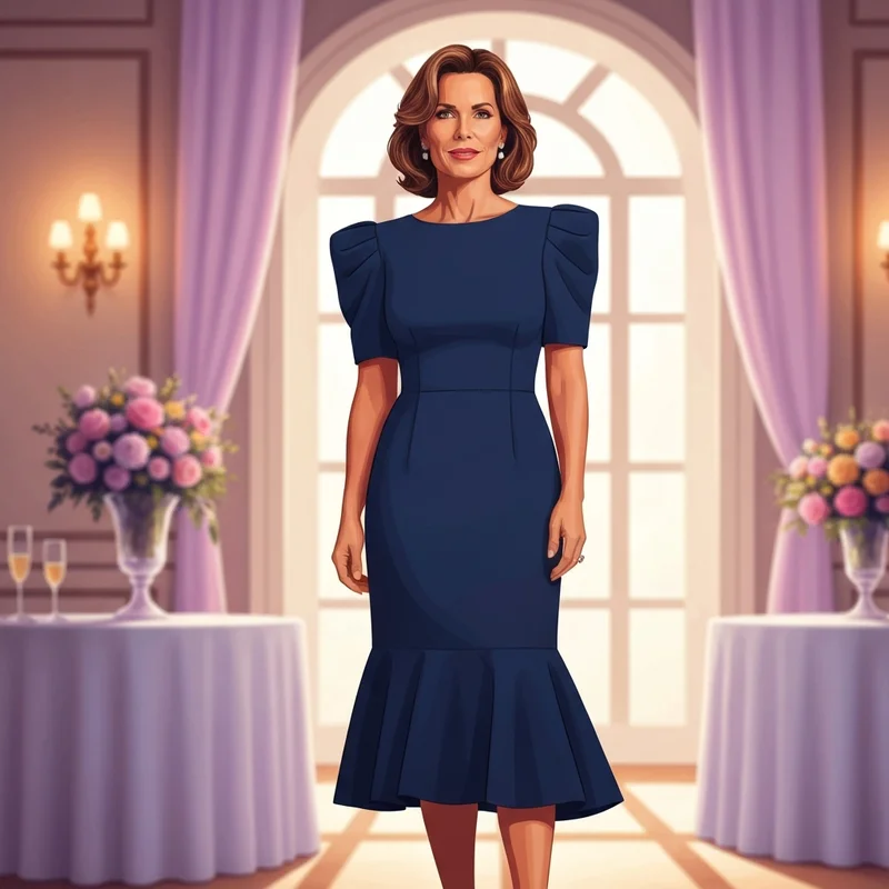 A woman wearing an elegant navy blue short sleeve wedding guest dress in a formal ballroom setting.