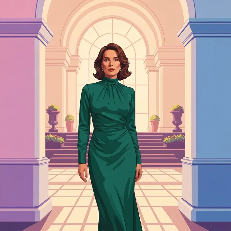 A sophisticated woman wearing a stylish emerald green modest wedding guest dress in a garden setting.