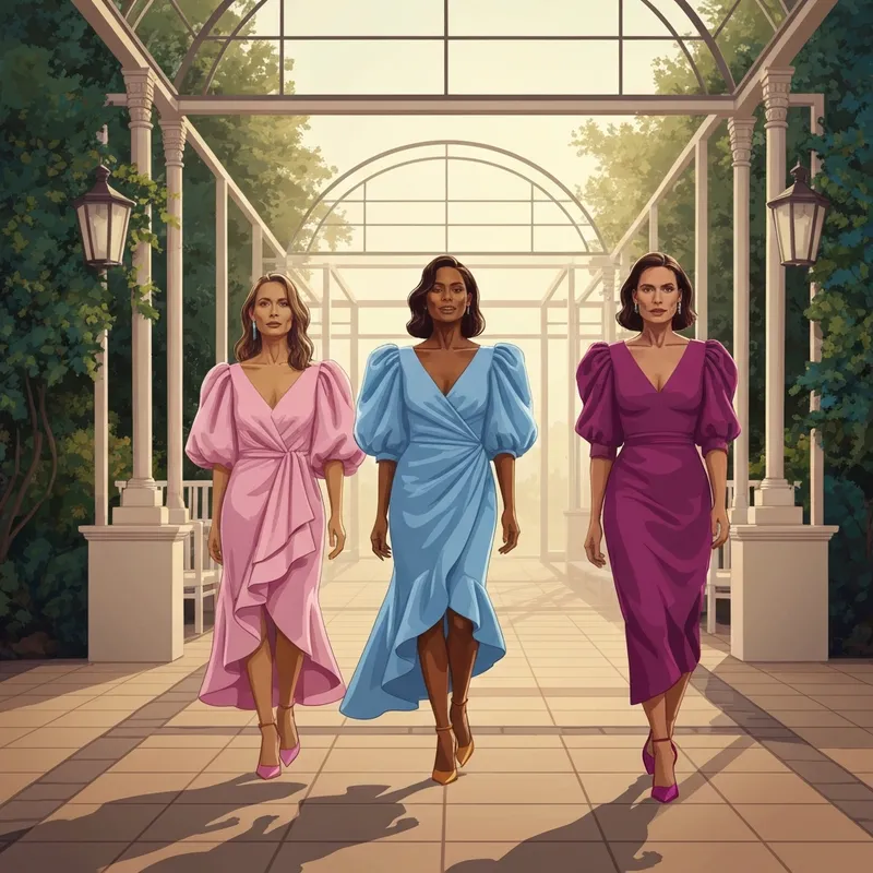 A group of women wearing unique wedding guest dresses in a stylish garden setting.