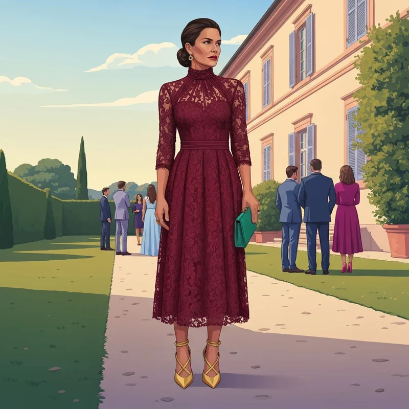 A woman wearing a sophisticated burgundy wedding guest dress at an outdoor wedding.