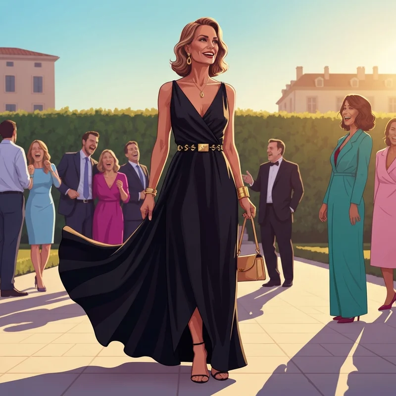 A woman wearing one of the best black dresses for wedding guest events, styled with gold jewelry at an outdoor ceremony.