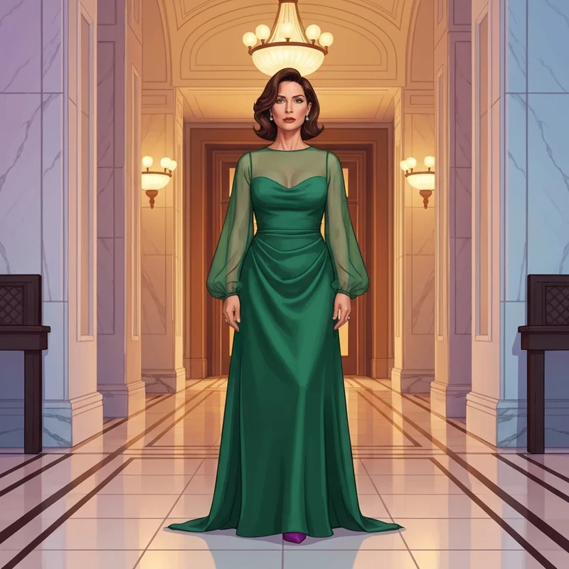 A woman in a stunning emerald black tie wedding guest dress with sleeves standing in a grand hall.