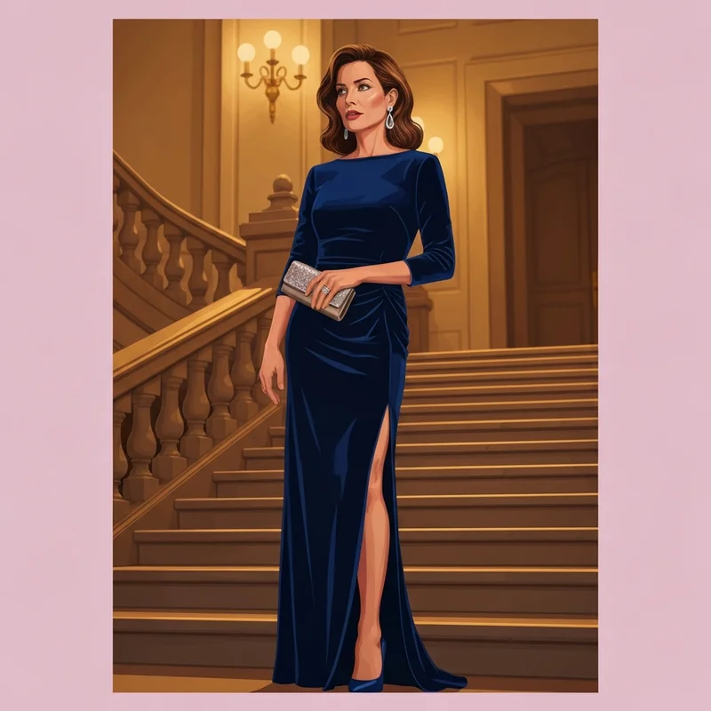 A woman wearing one of the most elegant wedding guest black tie dresses in a formal ballroom setting.