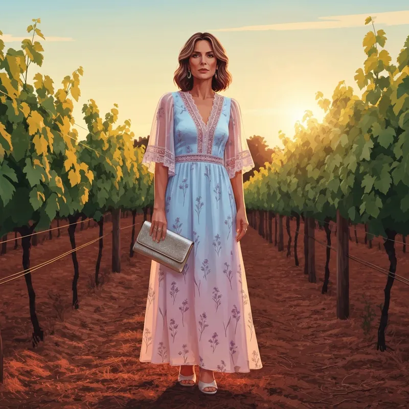 A woman wearing one of the best boho chic wedding guest dresses at a vineyard wedding during sunset.