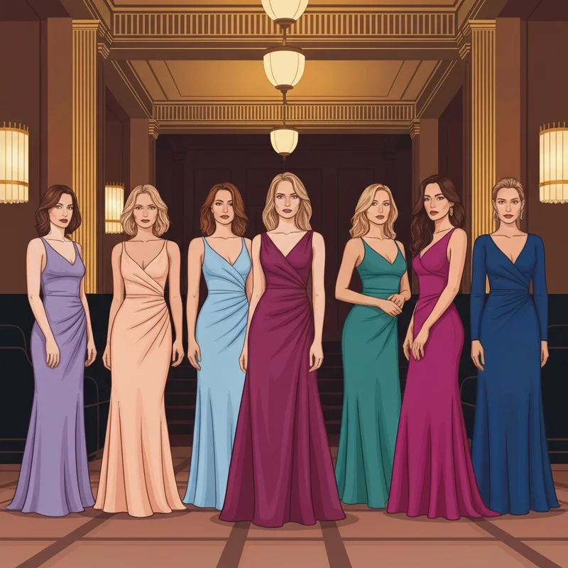 A group of women wearing long elegant dresses for wedding guests in a formal ballroom setting.