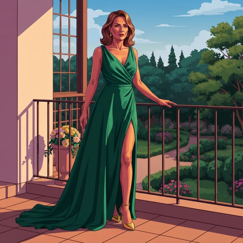 A woman wearing a stunning dark green wedding guest dress at a luxury outdoor ceremony.