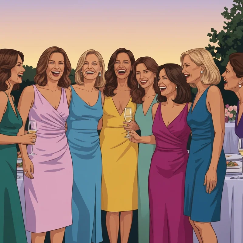 A group of stylish women laughing together while wearing elegant wedding guest cocktail dresses at an outdoor evening reception.