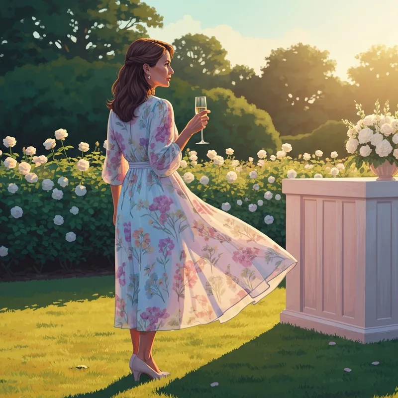 A woman wearing one of the best garden wedding guest dresses in a sunny botanical setting