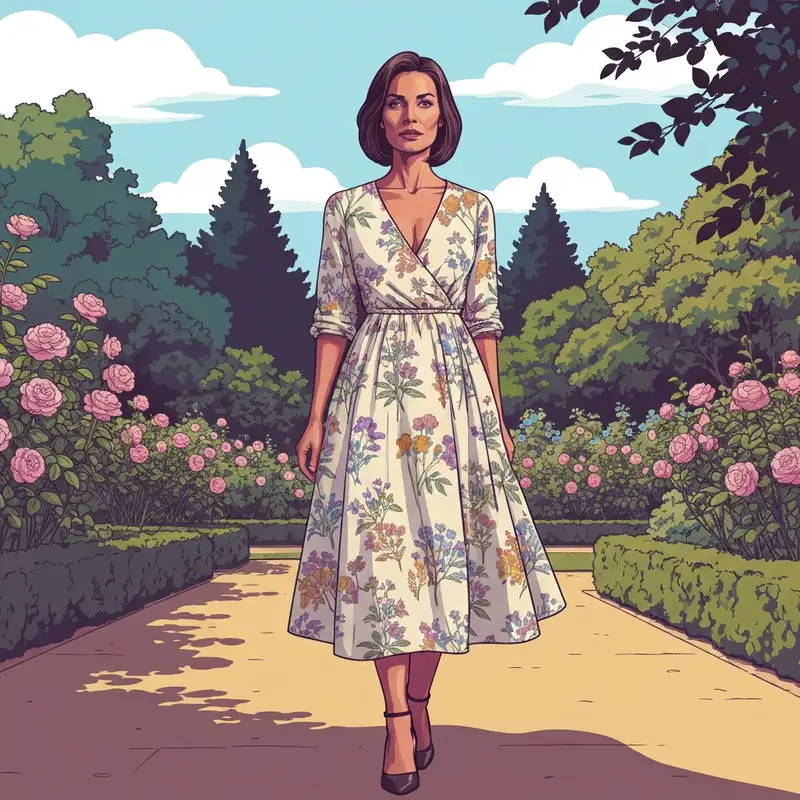 A woman wearing one of the best garden wedding dresses for guests at a sunny outdoor venue.