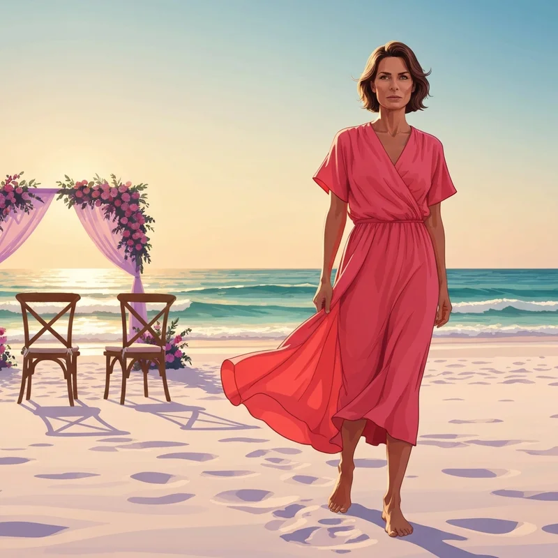 A woman wearing one of the best wedding guest dresses beach style for a sunset ceremony.