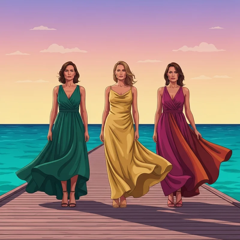 Sophisticated guests wearing elegant formal beach wedding guest dresses at a luxury sunset ceremony.