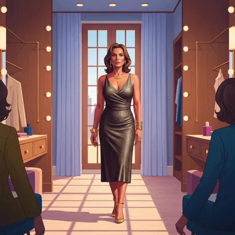 A woman wearing a stylish champagne wedding guest dress in a luxury setting.