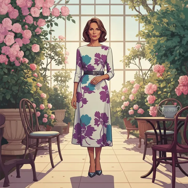 A woman exuding confidence in one of the season's best floral wedding guest dresses at a garden venue.