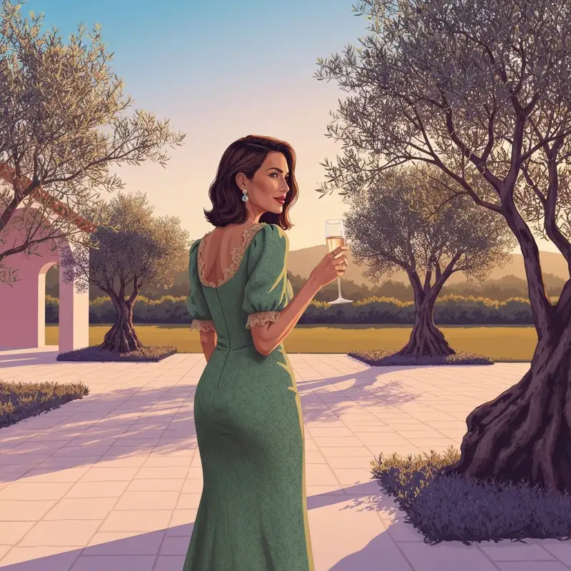 A woman wearing a stylish sage green dress for wedding guest attendance at an outdoor garden venue.