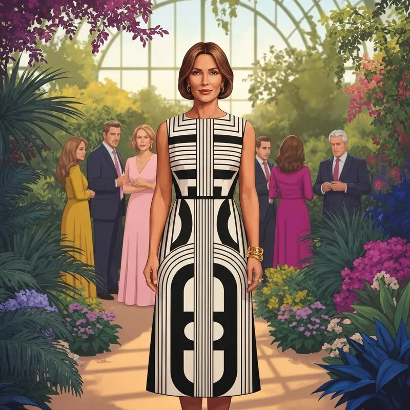 A woman wearing a stylish black and white wedding guest dress at a garden ceremony.