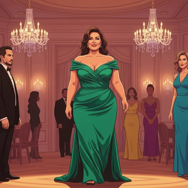 A woman wearing one of the most stunning plus size black tie wedding guest dresses in a luxury ballroom setting.