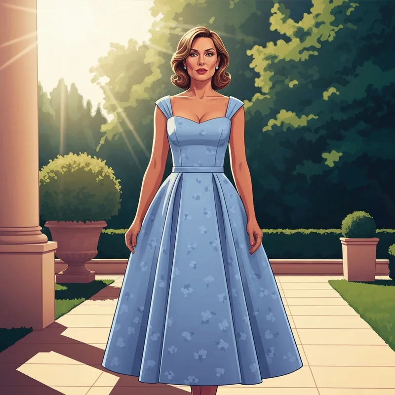 A woman wearing a sophisticated light blue wedding guest dress in a sunny garden setting.
