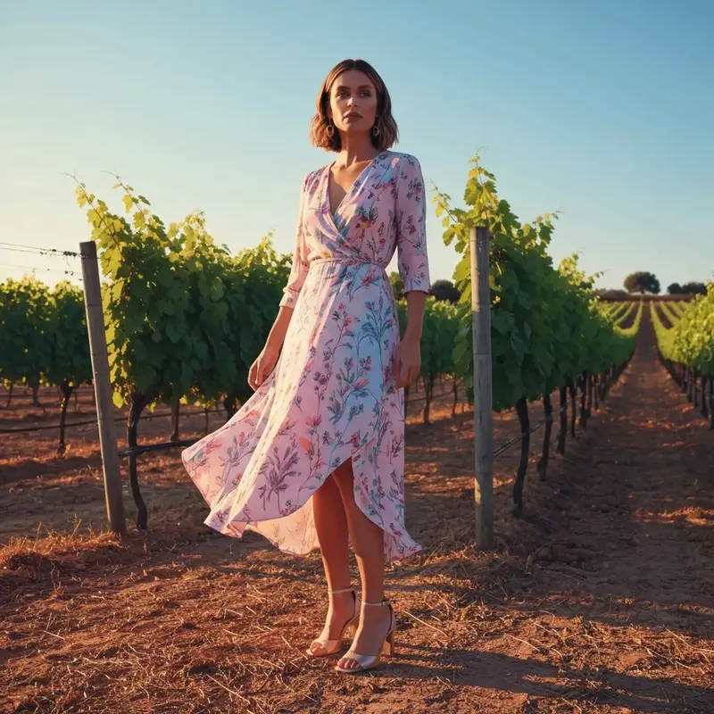 A woman modeling one of the best wedding guest dresses for outdoor wedding in a sunlit vineyard.