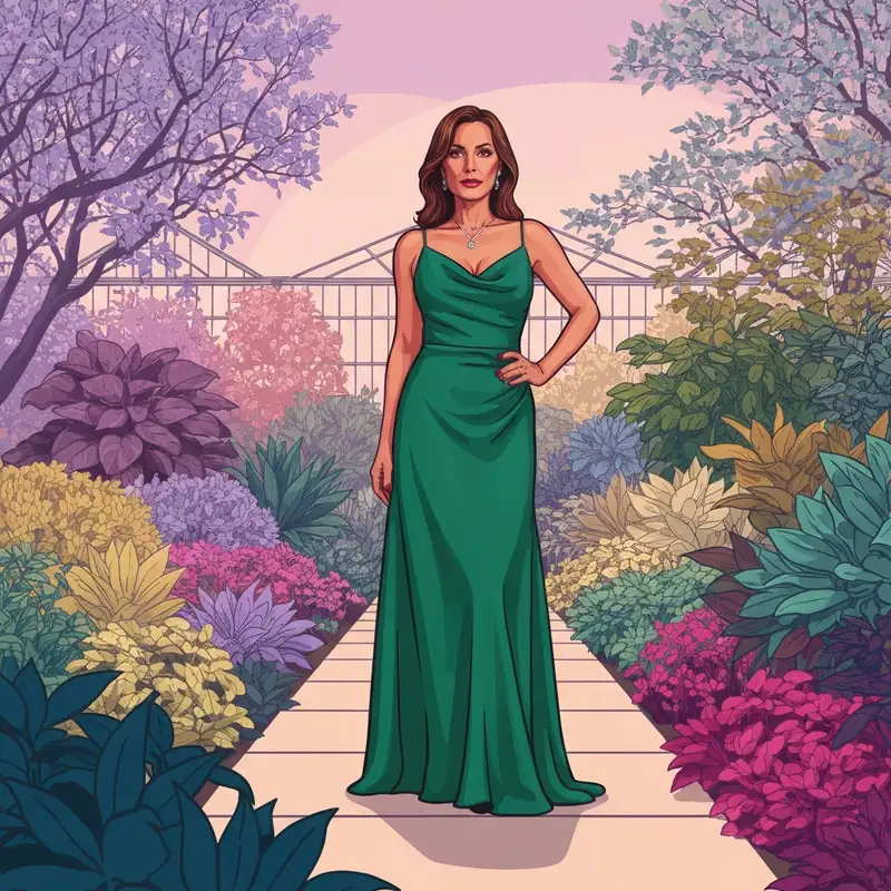 A woman modeling one of the best long dresses to wear to a wedding as a guest in a formal garden setting.