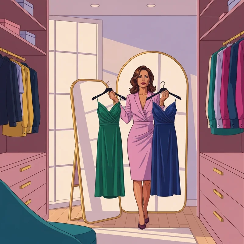 A woman choosing between two elegant macys dresses wedding guest styles in a bright closet.