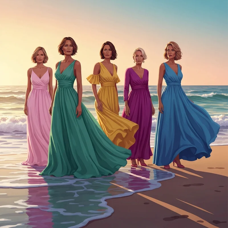 A group of women wearing elegant beach dresses for a wedding guest during a sunset ceremony on the sand.