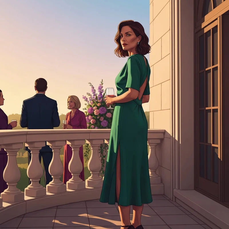 A woman wearing one of the most sophisticated sexy wedding guest dresses at a sunset reception.