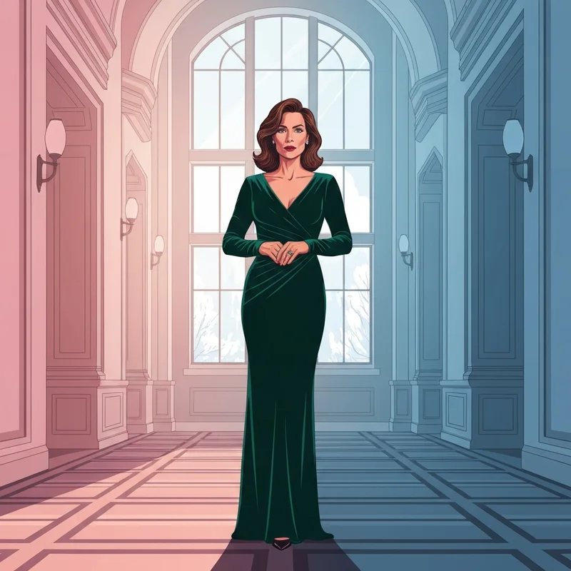 A woman wearing a stunning emerald green wedding guest dress winter standing in a festive hall.